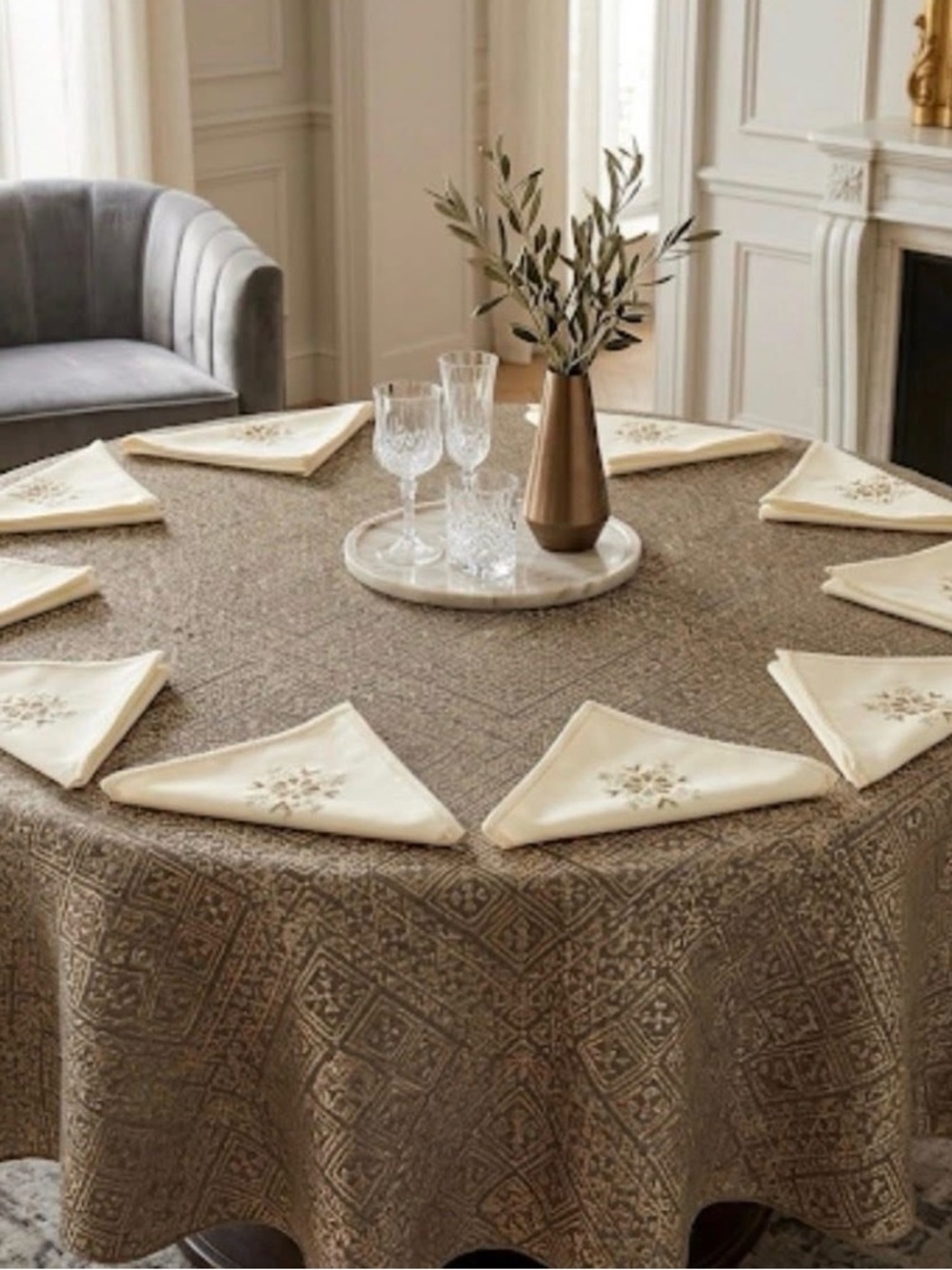 Textured Brown Round Tablecloth with Cream Embroidered Napkins